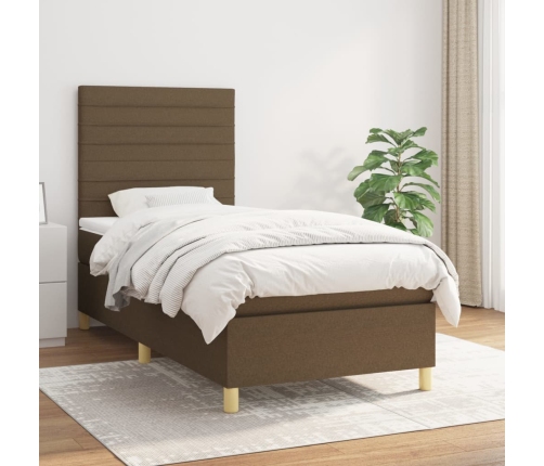 Cama box spring con colchón tela marrón oscuro 90x190 cm