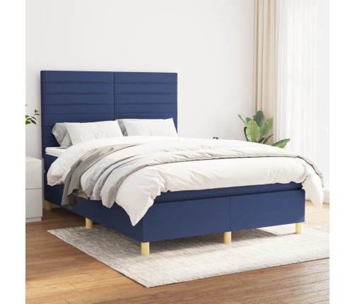 Cama box spring con colchón tela azul 140x190 cm