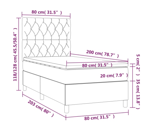 Cama box spring con colchón tela gris claro 80x200 cm