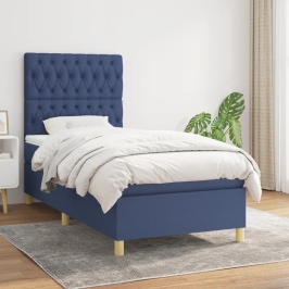 Cama box spring con colchón tela azul 90x190 cm