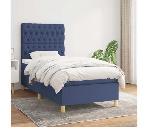 Cama box spring con colchón tela azul 90x190 cm