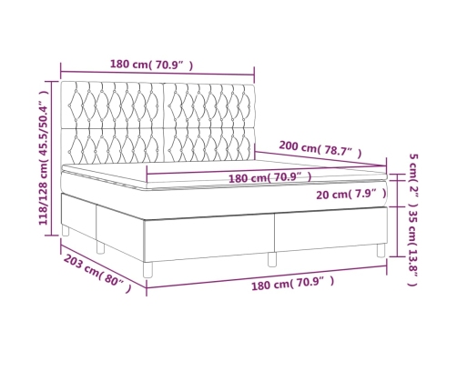 Cama box spring con colchón tela gris claro 180x200 cm