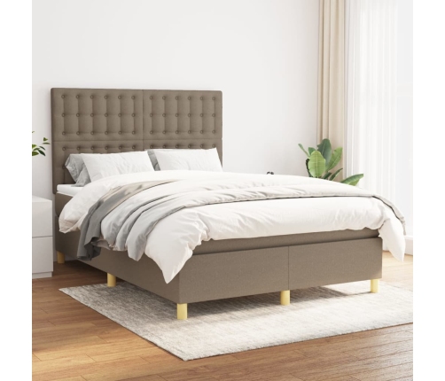 Cama box spring con colchón tela gris taupe 140x190 cm