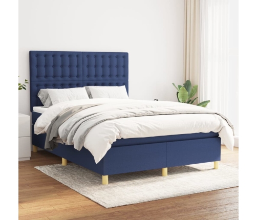 Cama box spring con colchón tela azul 140x190 cm