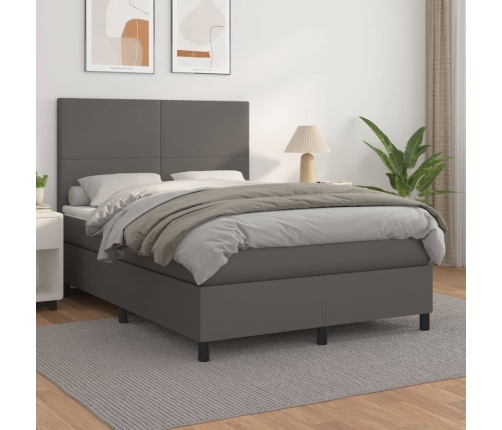 Cama box spring con colchón cuero sintético gris 140x190 cm