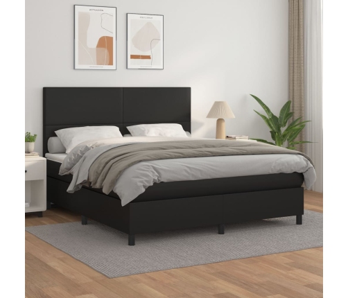 Cama box spring con colchón cuero sintético negro 160x200 cm