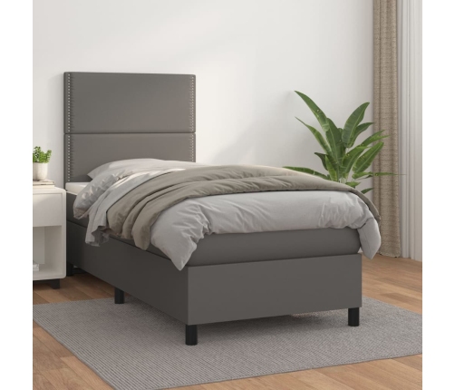 Cama box spring con colchón cuero sintético gris 90x200 cm