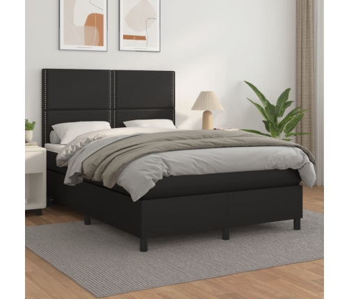 Cama box spring con colchón cuero sintético negro 140x190 cm