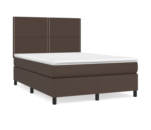 Cama box spring con colchón cuero sintético marrón 140x190 cm