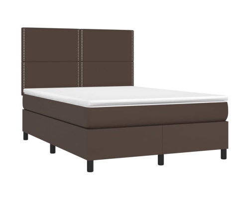 Cama box spring con colchón cuero sintético marrón 140x190 cm