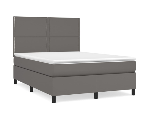 Cama box spring con colchón cuero sintético gris 140x190 cm