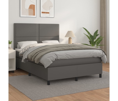 Cama box spring con colchón cuero sintético gris 140x190 cm