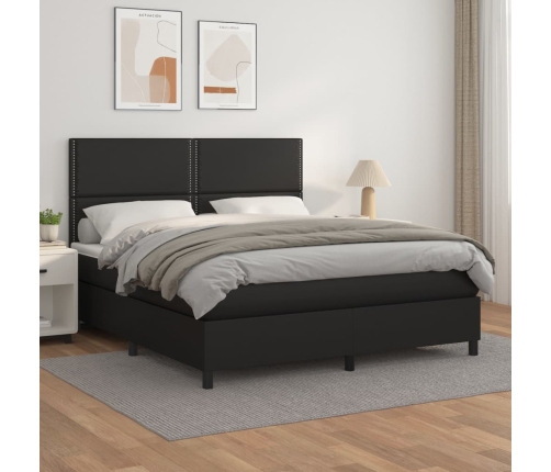 Cama box spring con colchón cuero sintético negro 160x200 cm