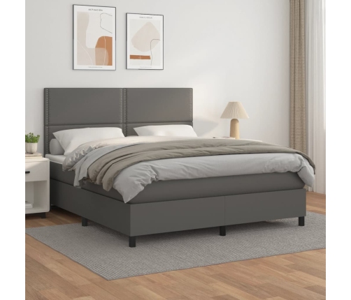 Cama box spring con colchón cuero sintético gris 160x200 cm