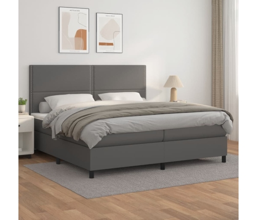 Cama box spring con colchón cuero sintético gris 200x200 cm