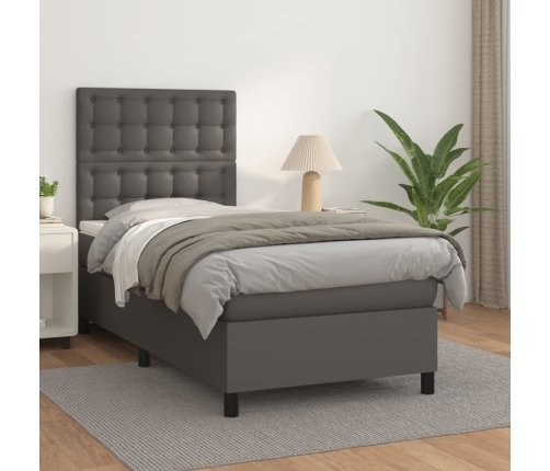 Cama box spring con colchón cuero sintético gris 90x200 cm