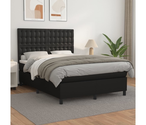 Cama box spring con colchón cuero sintético negro 140x190 cm