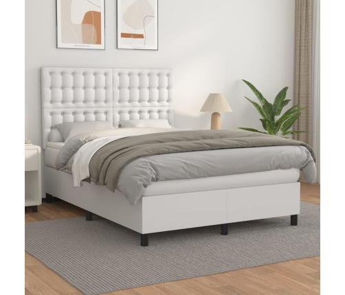 Cama box spring con colchón cuero sintético blanco 140x190 cm