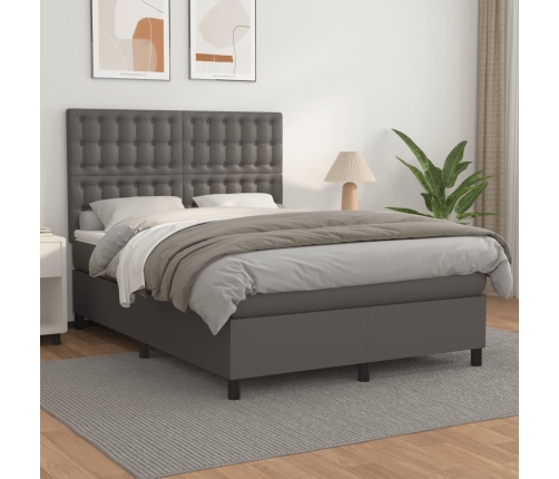 Cama box spring con colchón cuero sintético gris 140x200 cm