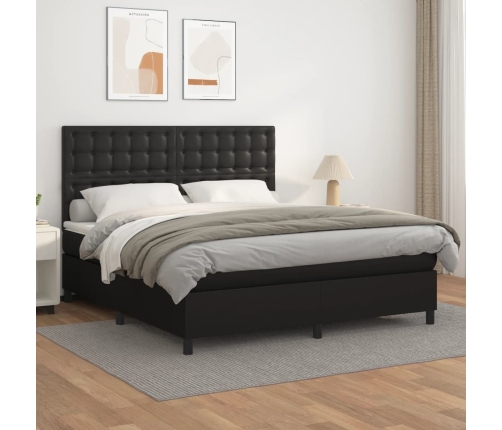 Cama box spring con colchón cuero sintético negro 160x200 cm