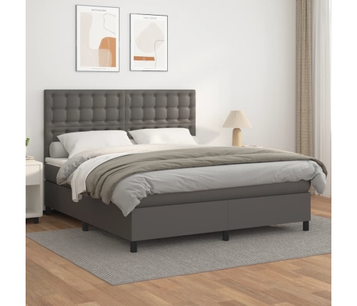 Cama box spring con colchón cuero sintético gris 180x200 cm