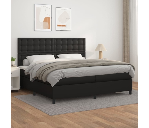 Cama box spring con colchón cuero sintético negro 200x200 cm