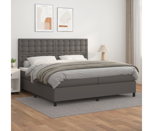 Cama box spring con colchón cuero sintético gris 200x200 cm