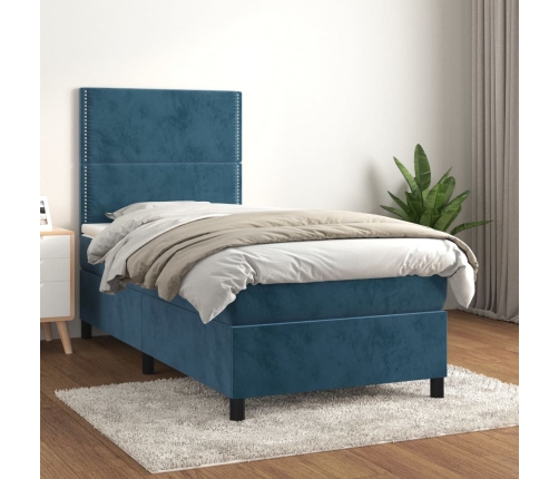 Cama box spring con colchón terciopelo azul oscuro 80x200 cm