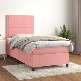 Cama box spring con colchón terciopelo rosa 80x200 cm