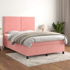 Cama box spring con colchón terciopelo rosa 140x190 cm