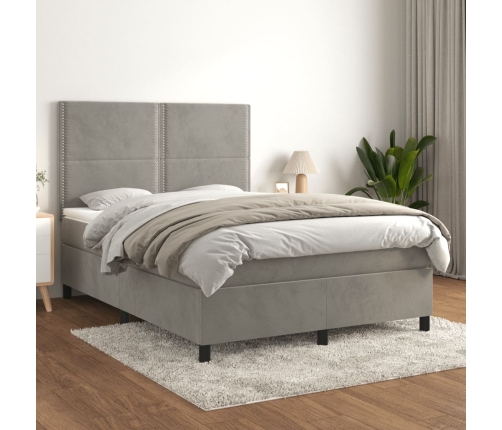 Cama box spring con colchón terciopelo gris claro 140x200 cm