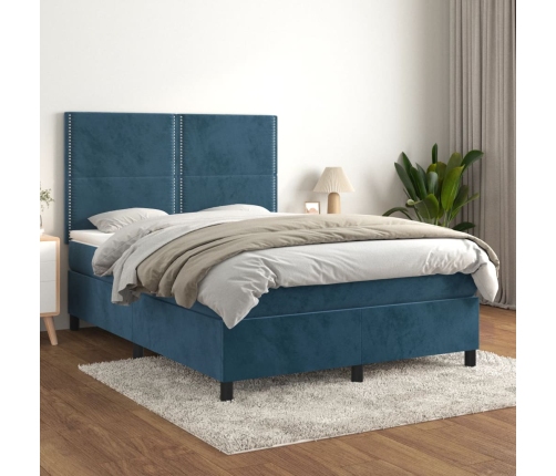 Cama box spring con colchón terciopelo azul oscuro 140x200 cm