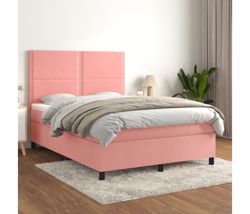 Cama box spring con colchón terciopelo rosa 140x200 cm