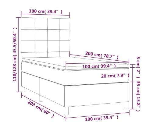 Cama box spring con colchón terciopelo rosa 100x200 cm