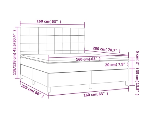 Cama box spring con colchón terciopelo gris oscuro 160x200 cm