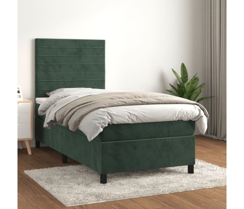 Cama box spring con colchón terciopelo verde oscuro 100x200 cm