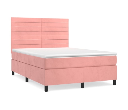 Cama box spring con colchón terciopelo rosa 140x190 cm
