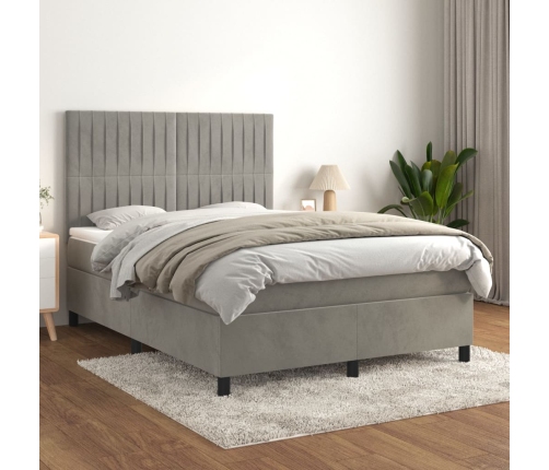 Cama box spring con colchón terciopelo gris claro 140x200 cm