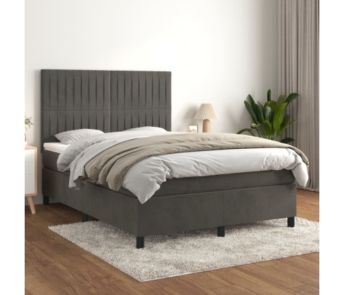 Cama box spring con colchón terciopelo gris oscuro 140x200 cm