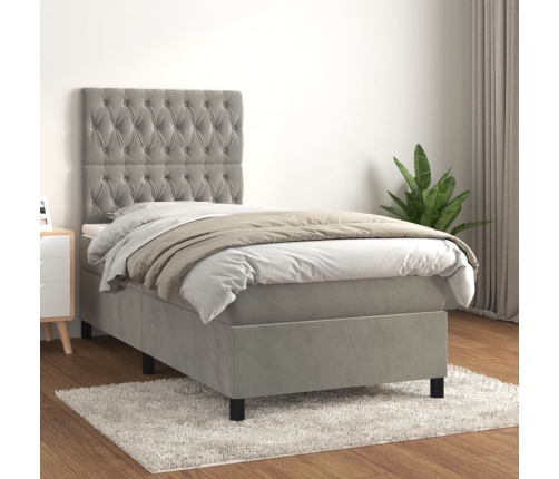 Cama box spring con colchón terciopelo gris claro 80x200 cm