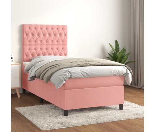 Cama box spring con colchón terciopelo rosa 90x200 cm