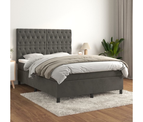 Cama box spring con colchón terciopelo gris oscuro 140x190 cm