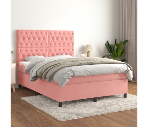 Cama box spring con colchón terciopelo rosa 140x200 cm