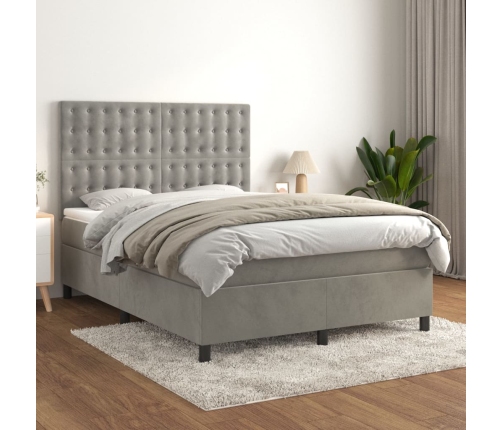 Cama box spring con colchón terciopelo gris claro 140x190 cm