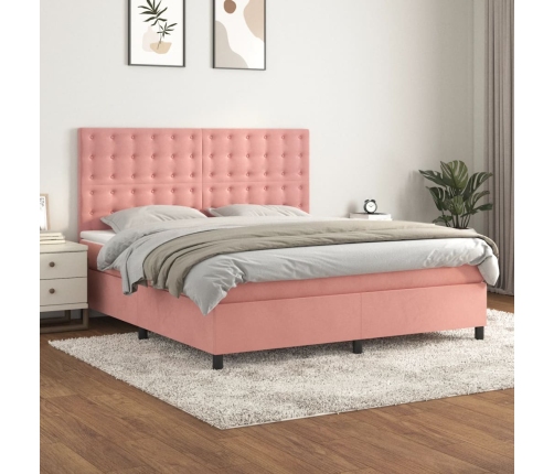 Cama box spring con colchón terciopelo rosa 160x200 cm