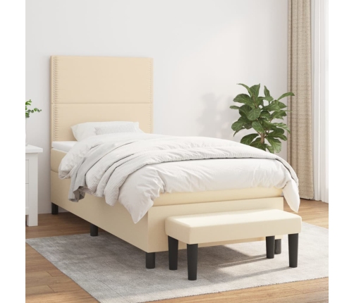 Cama box spring con colchón tela color crema 90x190 cm