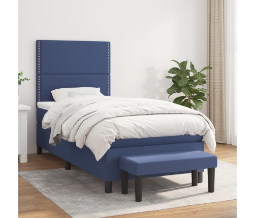 Cama box spring con colchón tela azul 90x190 cm