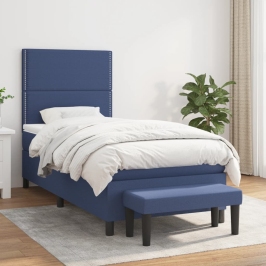 Cama box spring con colchón tela azul 90x200 cm