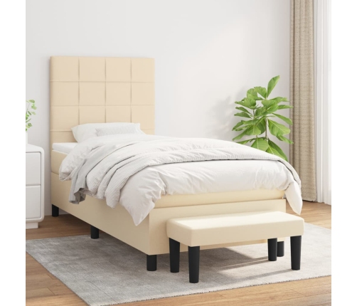 Cama box spring con colchón tela color crema 90x190 cm