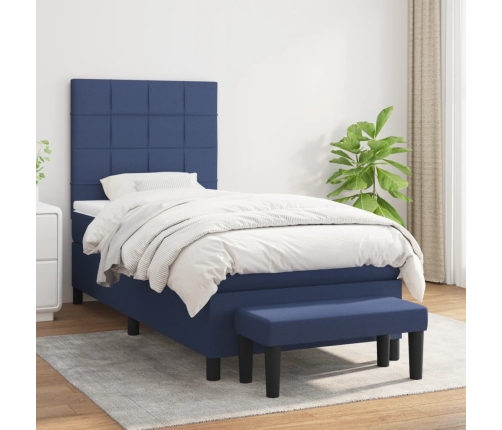 Cama box spring con colchón tela azul 90x190 cm